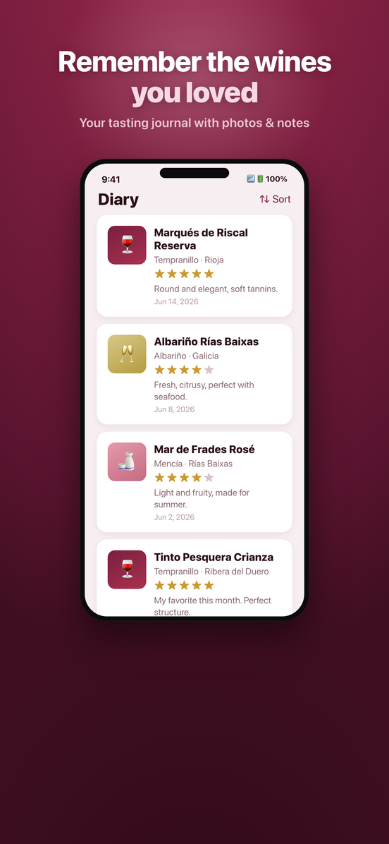 Vinia tasting journal with ratings and notes for saved wines
