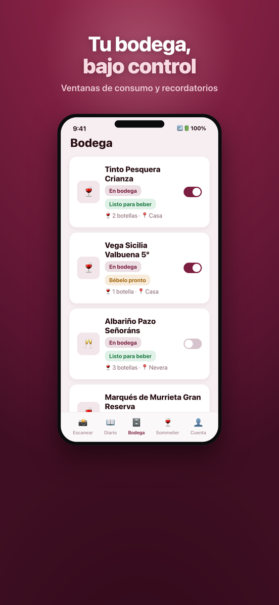 Cuadrícula de la bodega de Vinia con las botellas guardadas y sus fechas de consumo