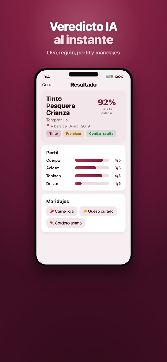 Veredicto de la IA de Vinia con uva, región y maridajes