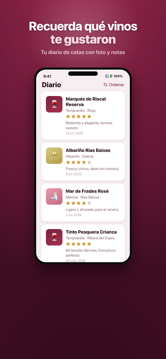 Diario de catas de Vinia con fotos, valoraciones y notas